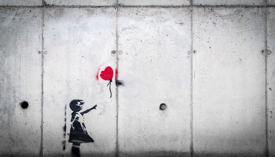 girl in black dress and red heart balloon wall decal
